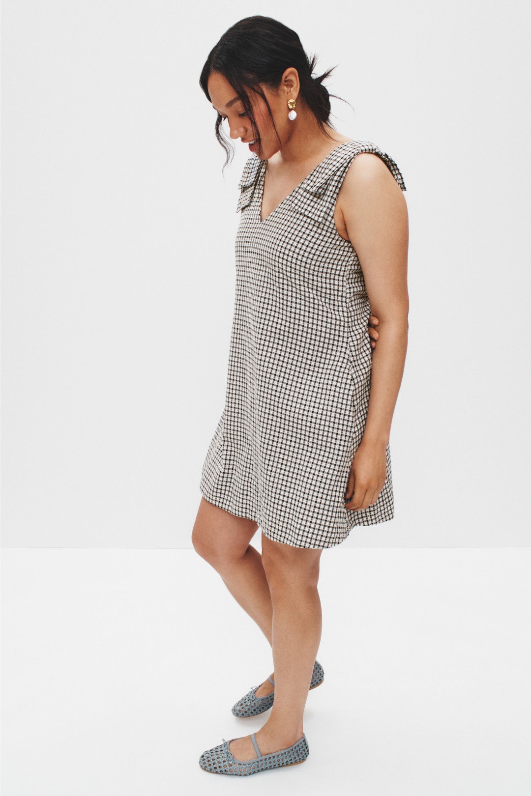 Gingham Bow Shoulder Mini Dress by CeCe 6