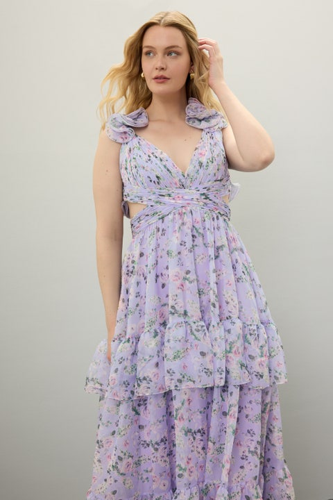 Pleated High Neck Ruffle Chiffon Floor-length Dress Tangerine