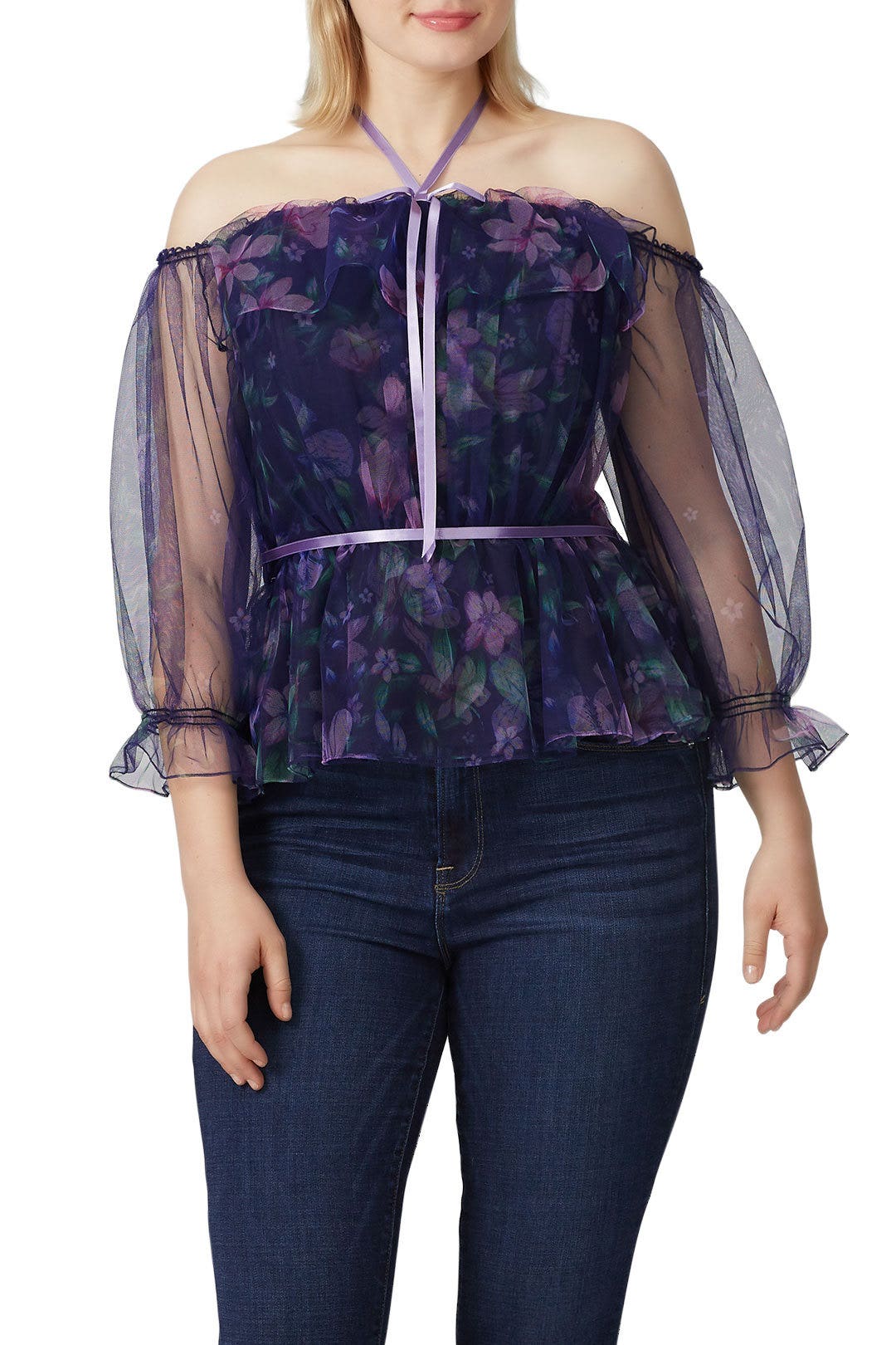 Floral Mesh Off The Shoulder Top by Marchesa Notte 5