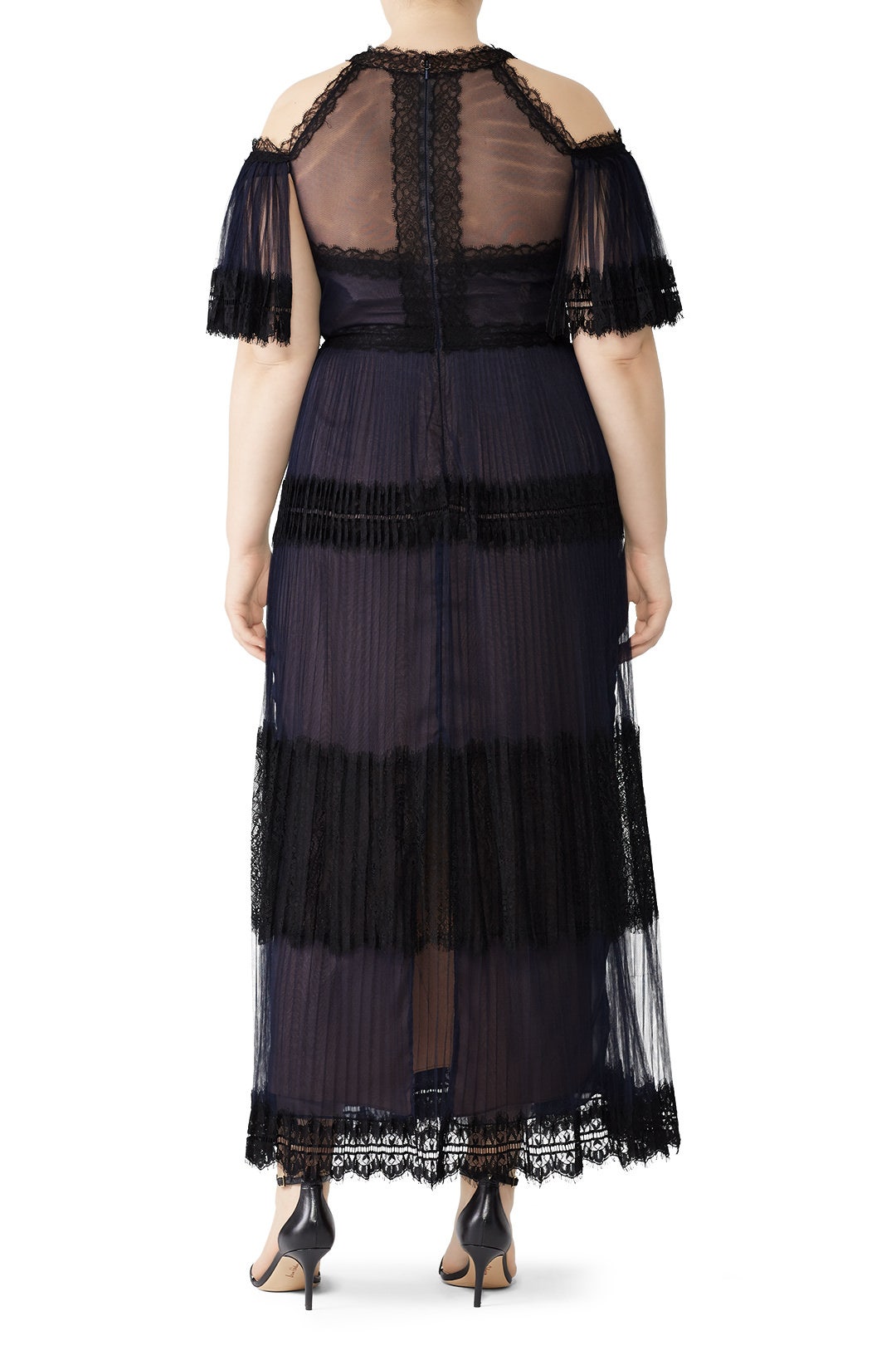 Navy Tiered Lace Gown by Marchesa Notte 4