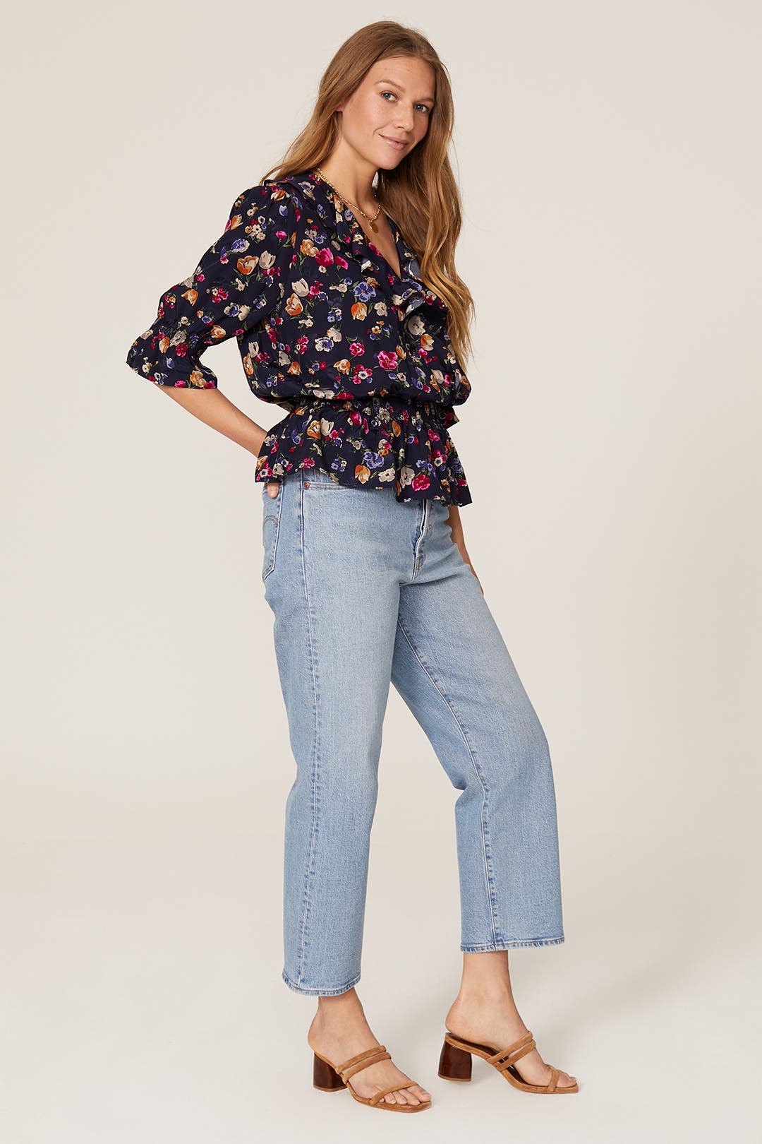 RALPH LAUREN FLORAL SLEEVE ワンピース NAVY Lauren Ralph Lauren Floral Stretch Jersey Surplice V-Neck
