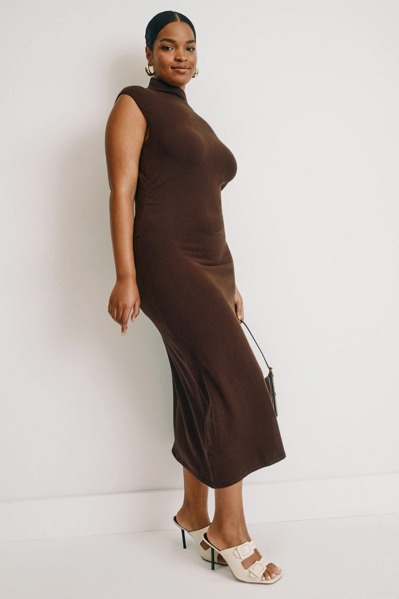 open lace back dress Johanna Pleated Twill Midi Dress in Brown