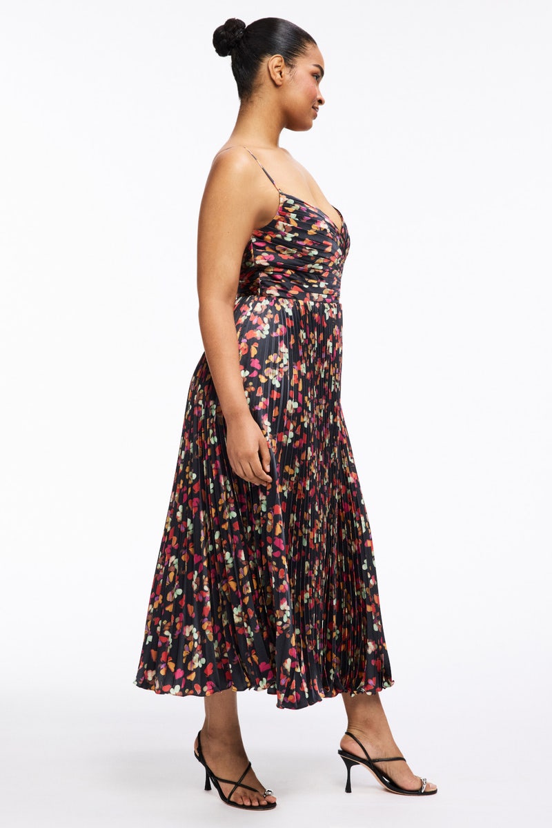 Pleated Printed Charmeuse Asymmetrical Midi Dress by Ieena for Mac Duggal - Photo 6