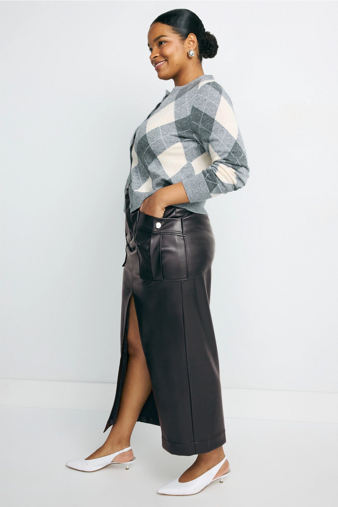 Faux Leather Midi Column Skirt by Toccin 6