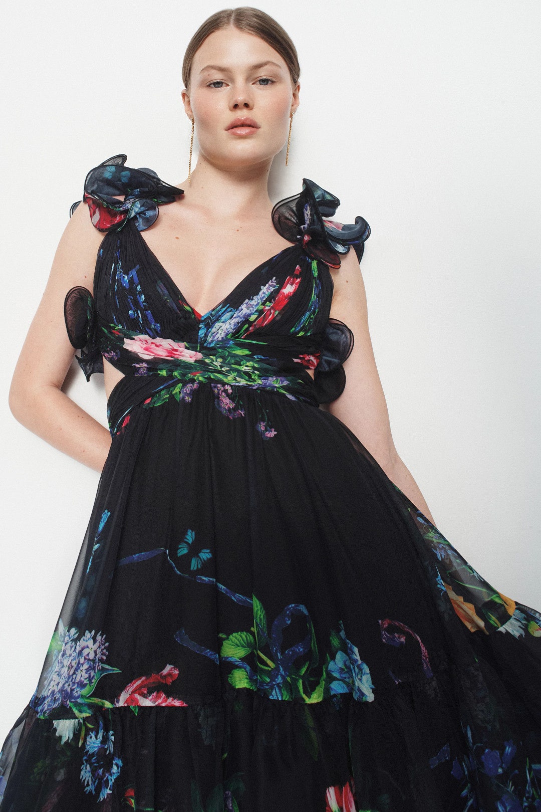 Black Ruffle Tiered Floral Cut-Out Chiffon Dress