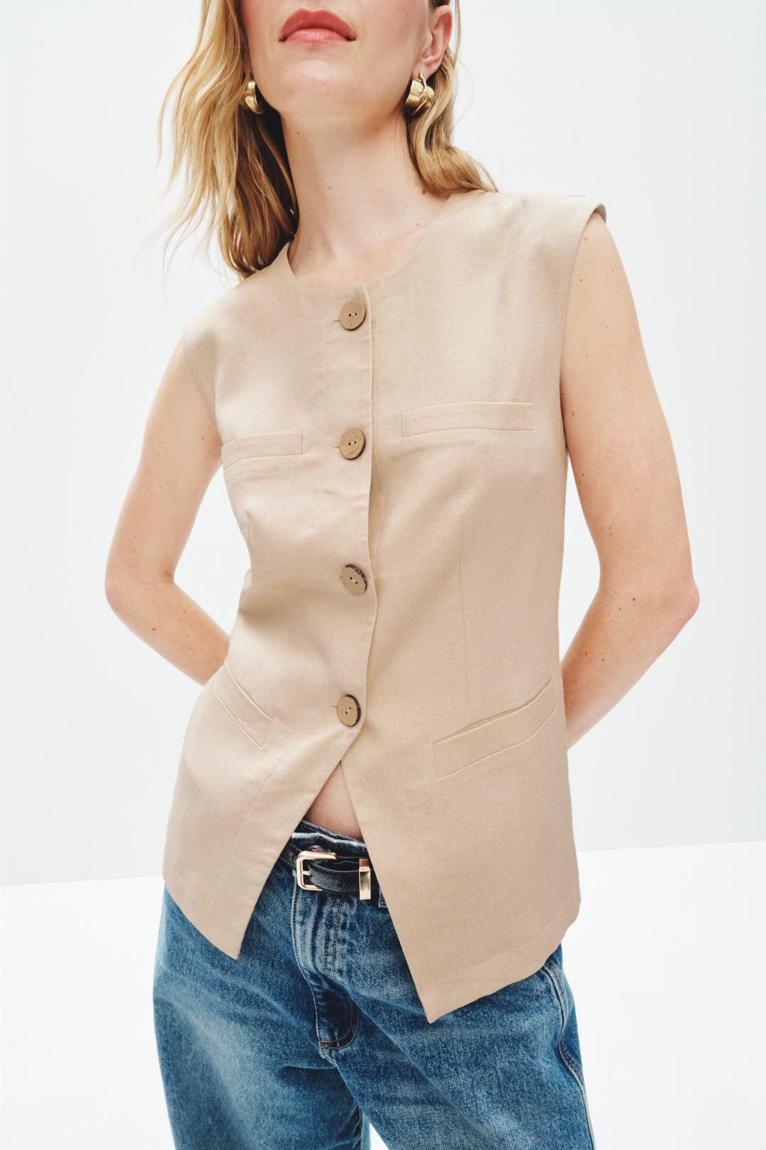 売れ筋商品|||エレントレイシー カットソー トップス レディース Women's Sleeveless Belted Vest with Contrast Detailing Linen SLEEVELESS LINEN BLEND UTILITY TOP – Ellen Tracy