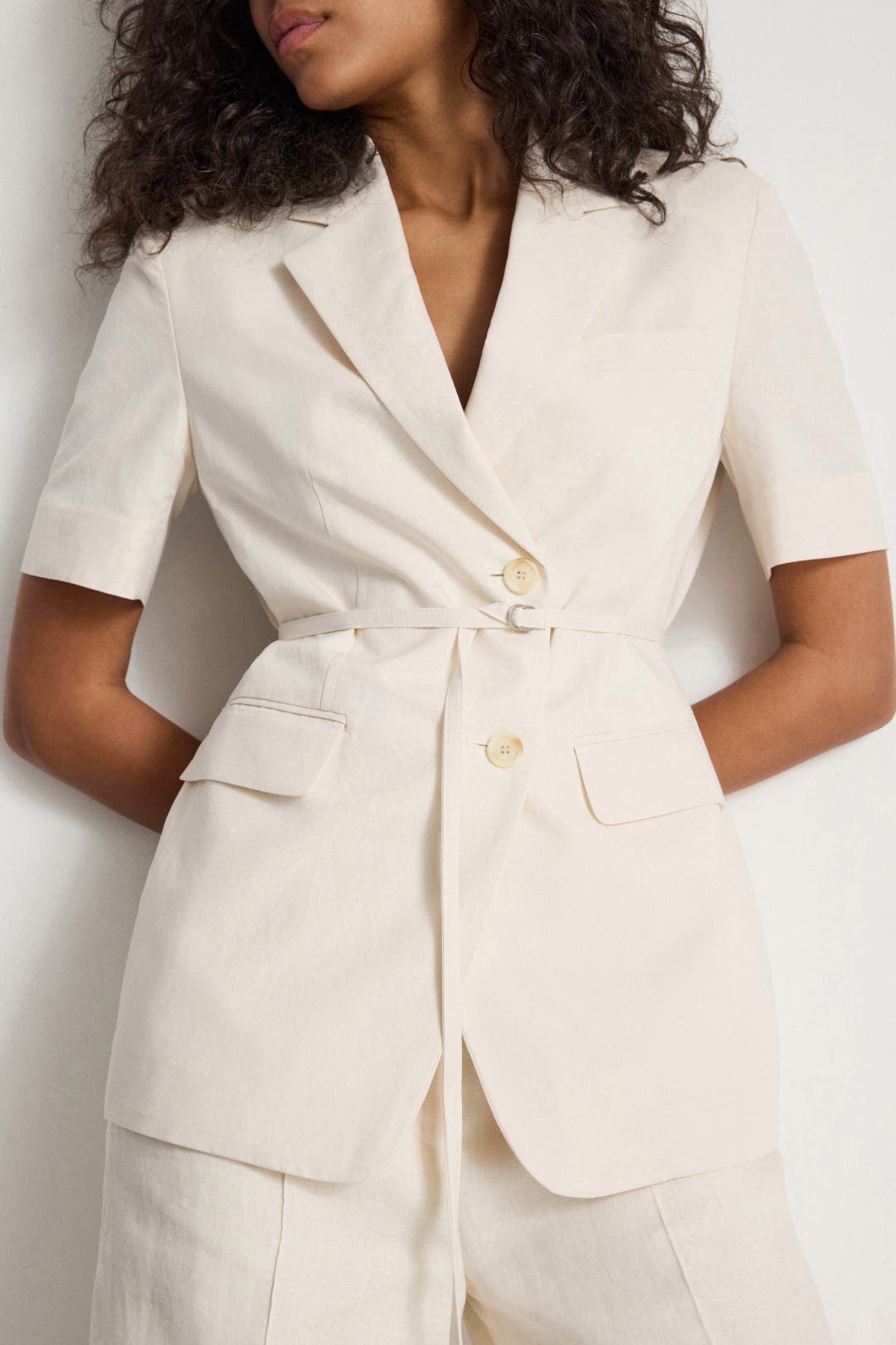 White Half Sleeve Belted Linen Jacket by DUNST | Rent the Runway