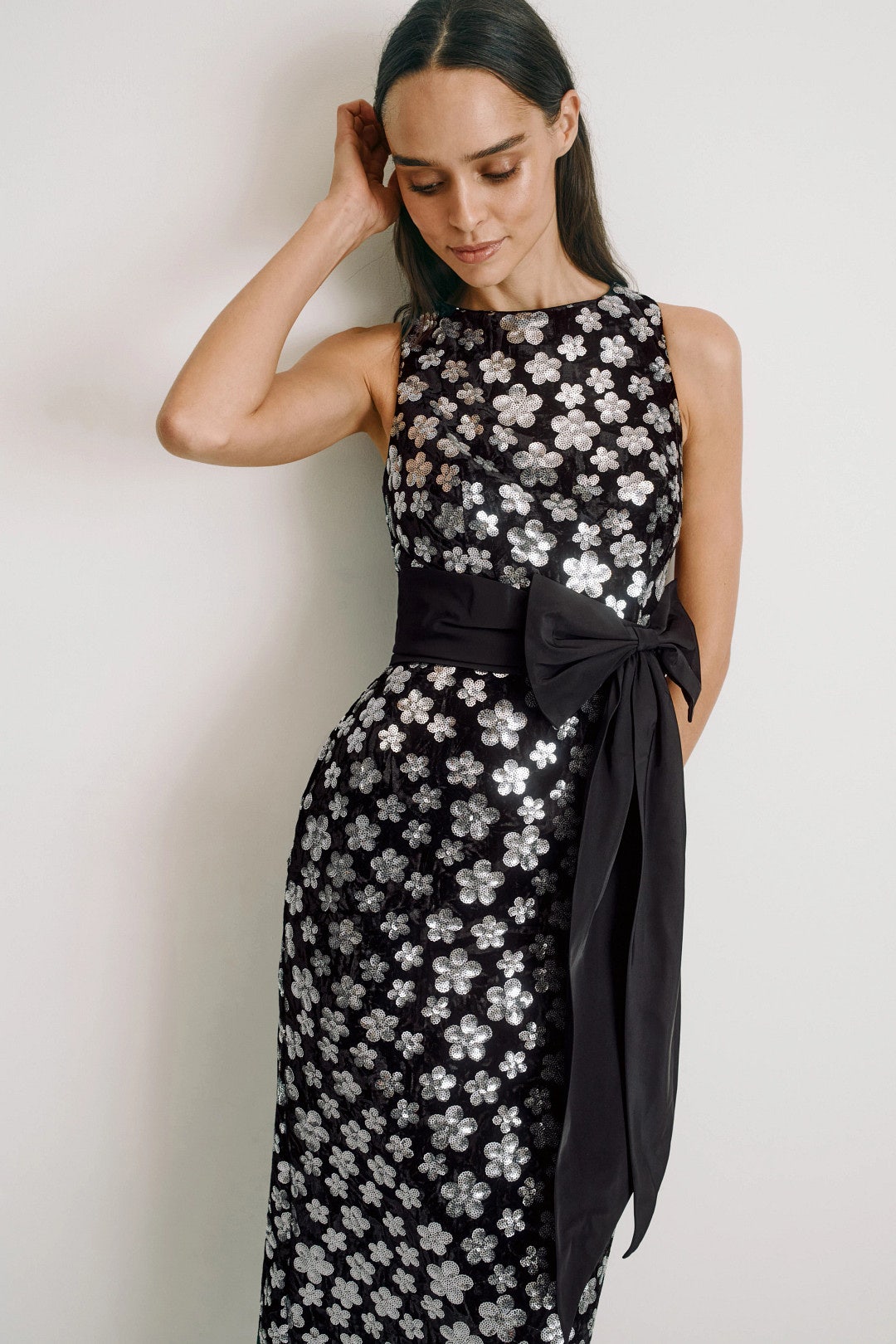 Velvet Sequin Column Ankle Dress With Bow