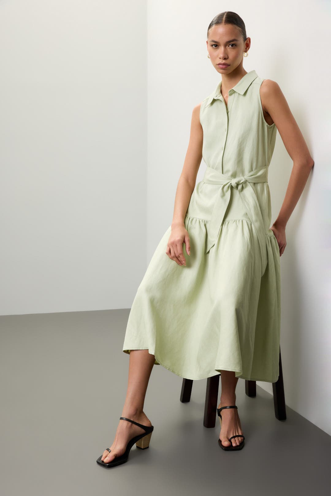 Linen Sleeveless Tie Waist Midi Dress by Marissa Webb x RTR