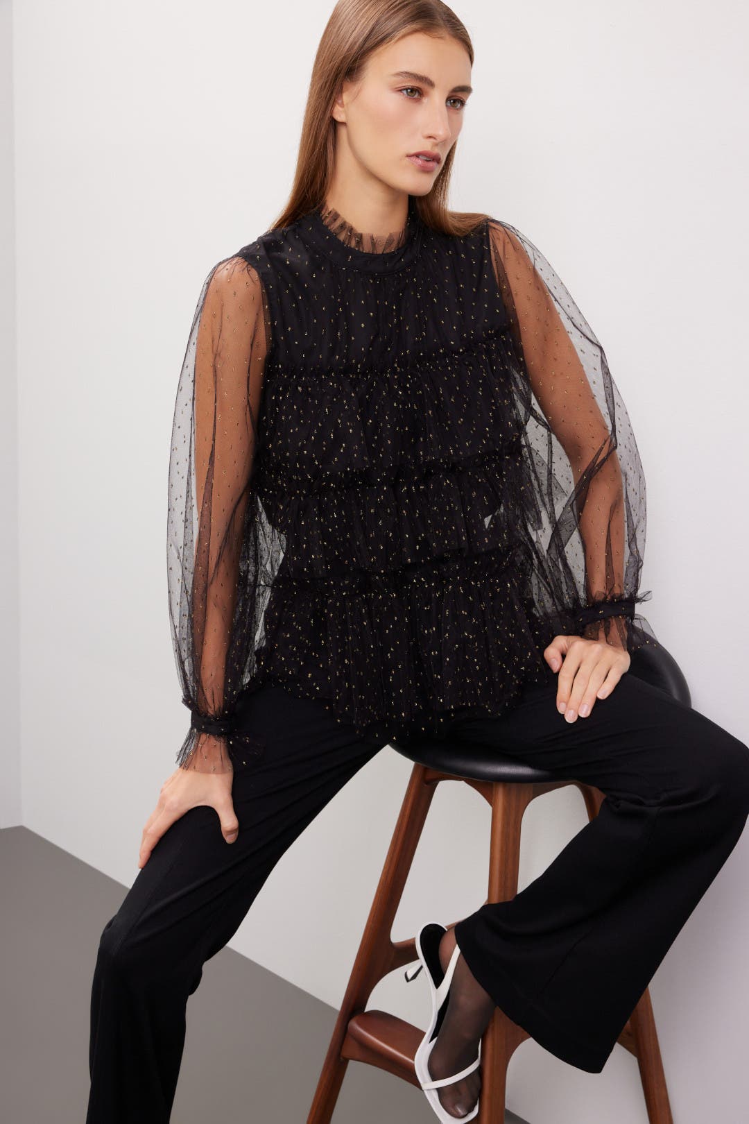 black sheer ruffle top