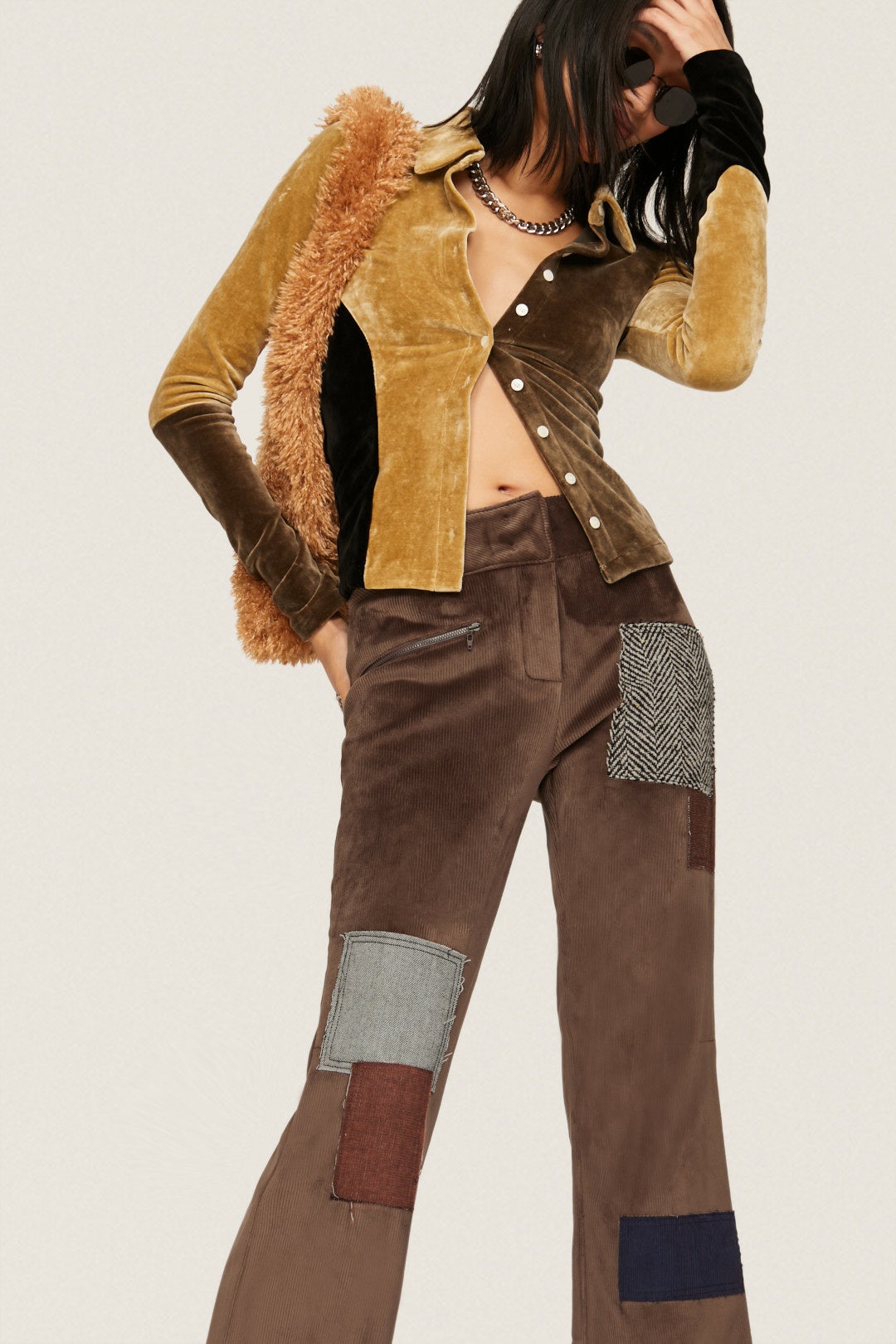 Cute Patchwork Hem Corduroy Pants