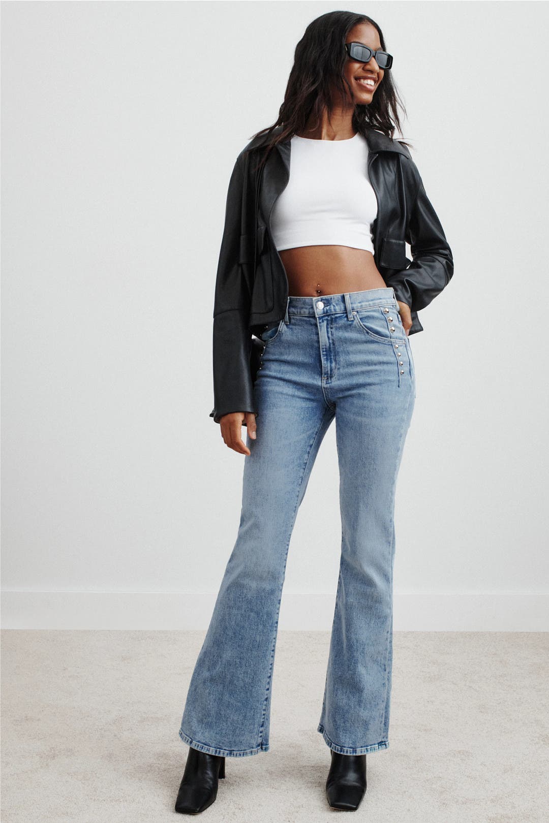 Studded Farah Flare High Rise Jeans by LE JEAN | Rent the Runway