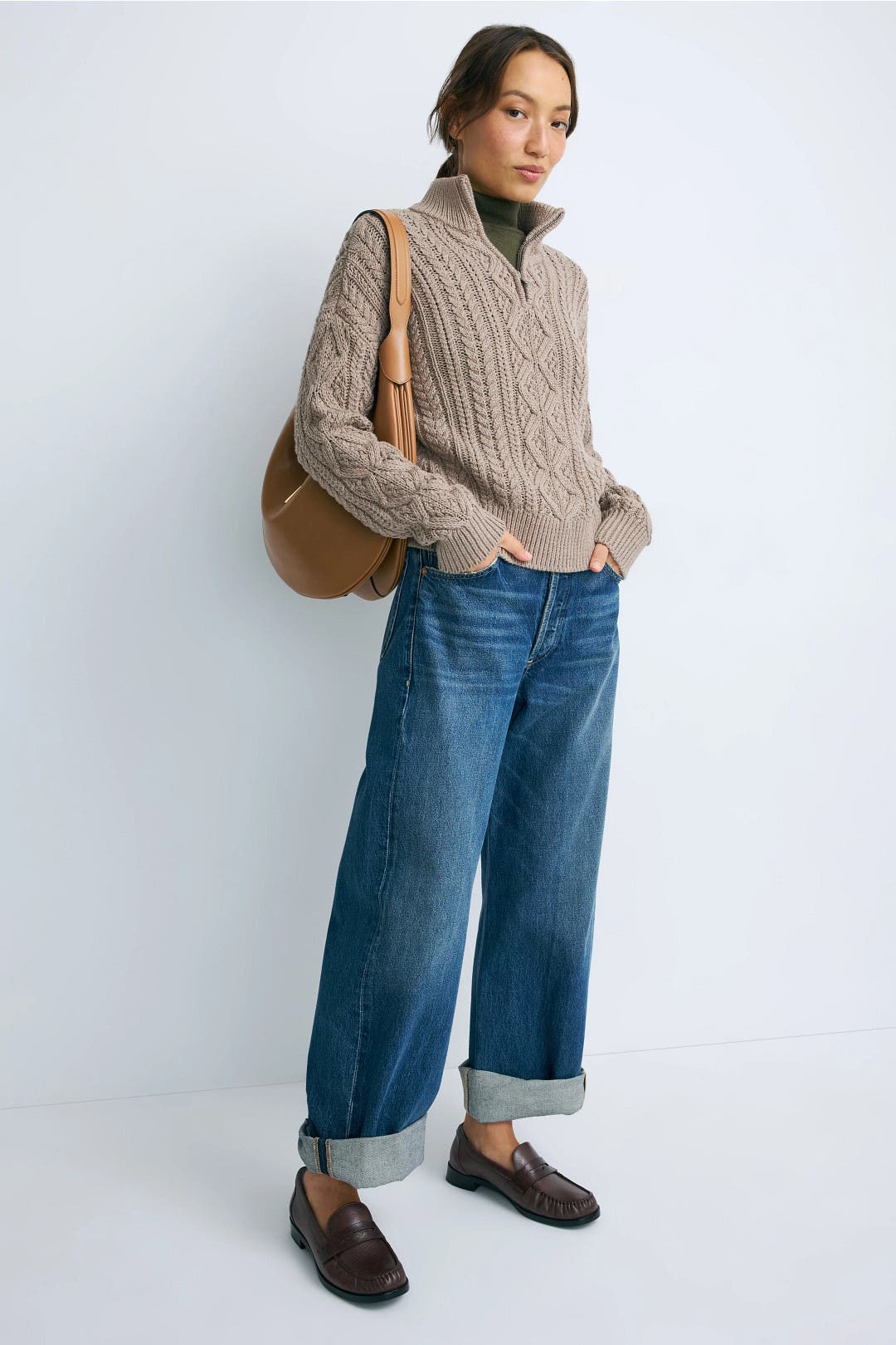 Cable Knit Brown Quarter Zip by Lauren Ralph Lauren | Rent the Runway