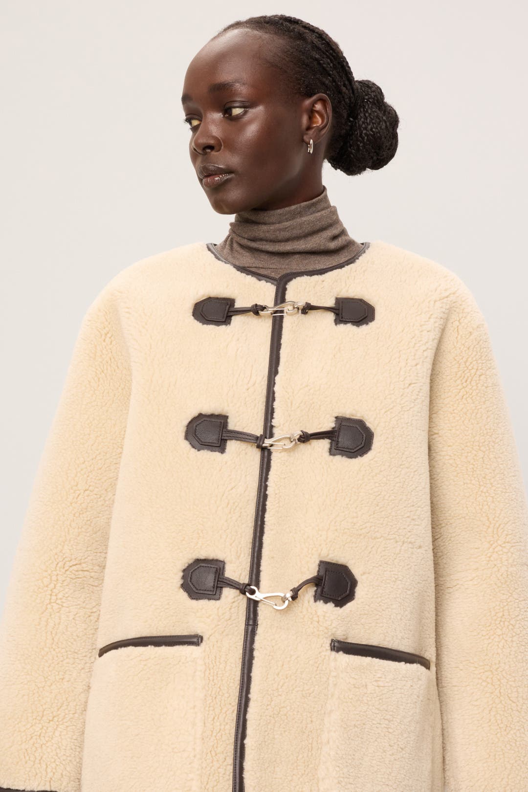 ★Dunst★ COLLARLESS BUCKLED SHEARLING JACKET CREAM_UDJU4D22 Collarless Buckled Shearling Jacket by DUNST | Rent the Runway