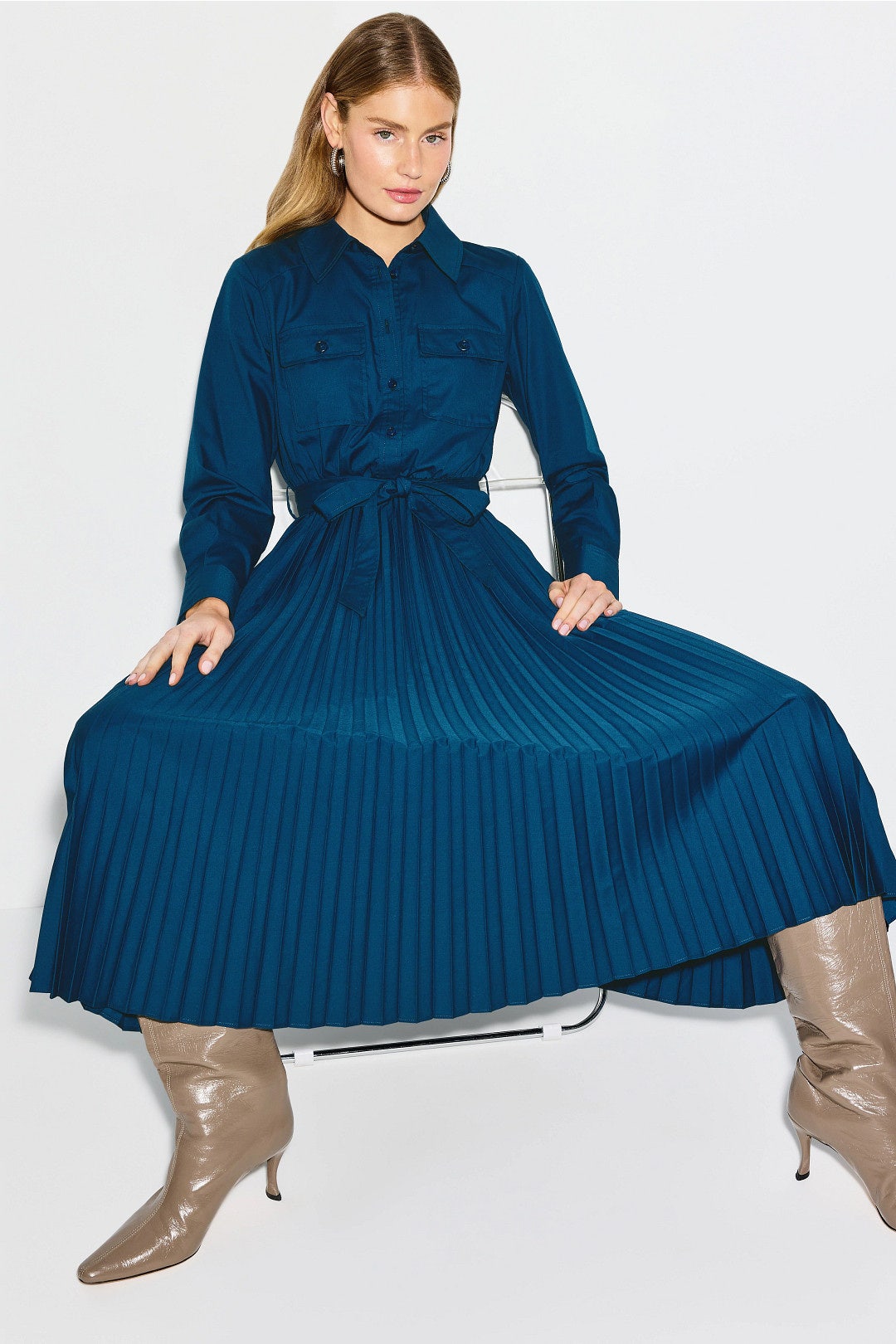 Blue Pleated Midi Shirt Dress by Derek Lam 10 Crosby x RTR 3