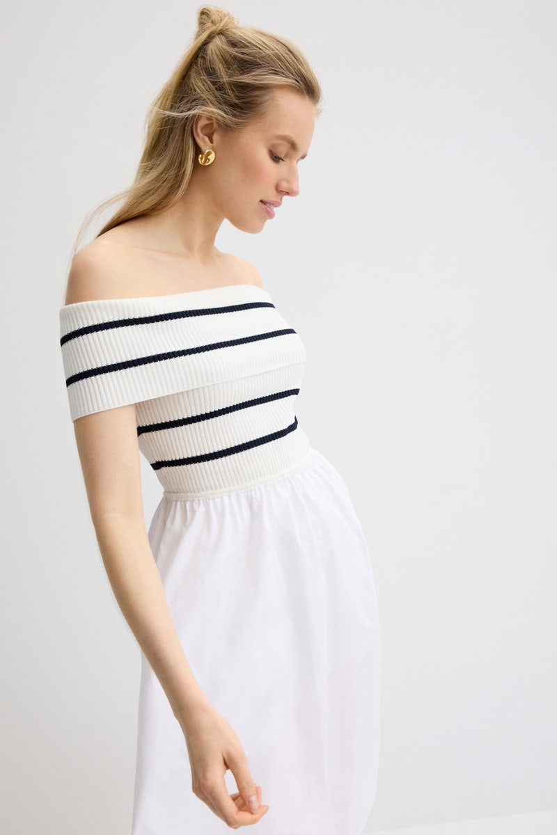 Off The Shoulder Stripe Knit Poplin Midi Dress by Milly - Photo 3