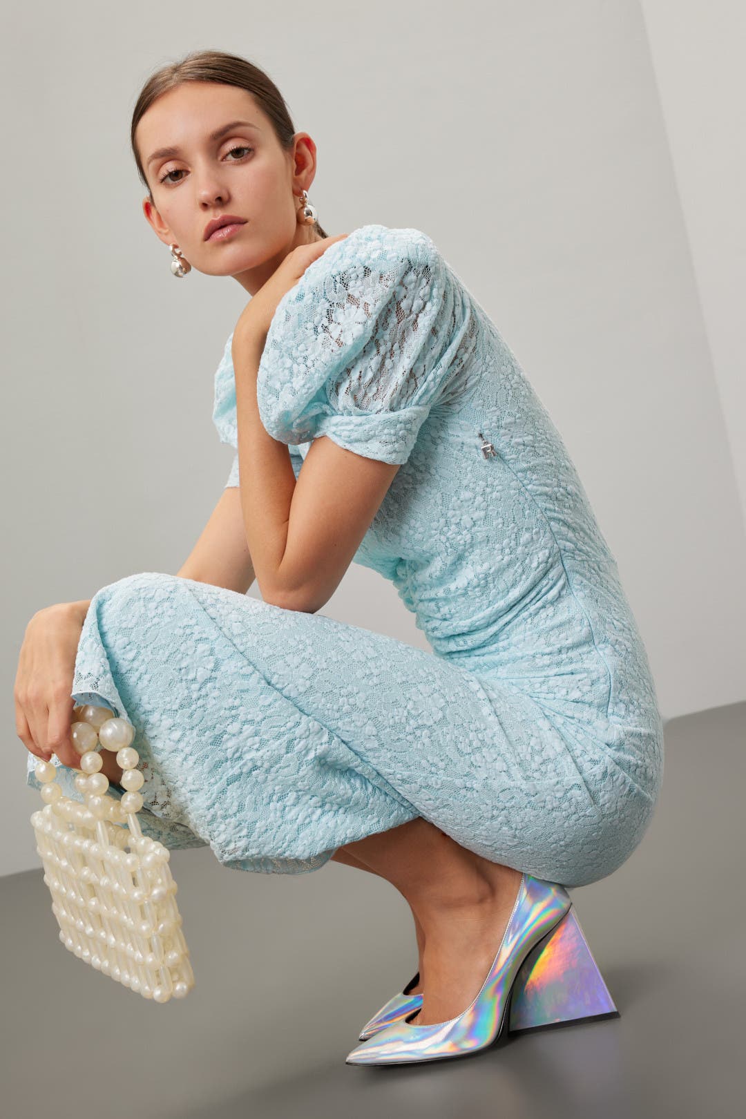 【関税&送料込】Rotate Birger Christensen Lace Dress With Pu ROTATE BIRGER CHRISTENSEN Lace V-neck Maxi Dress | Grey