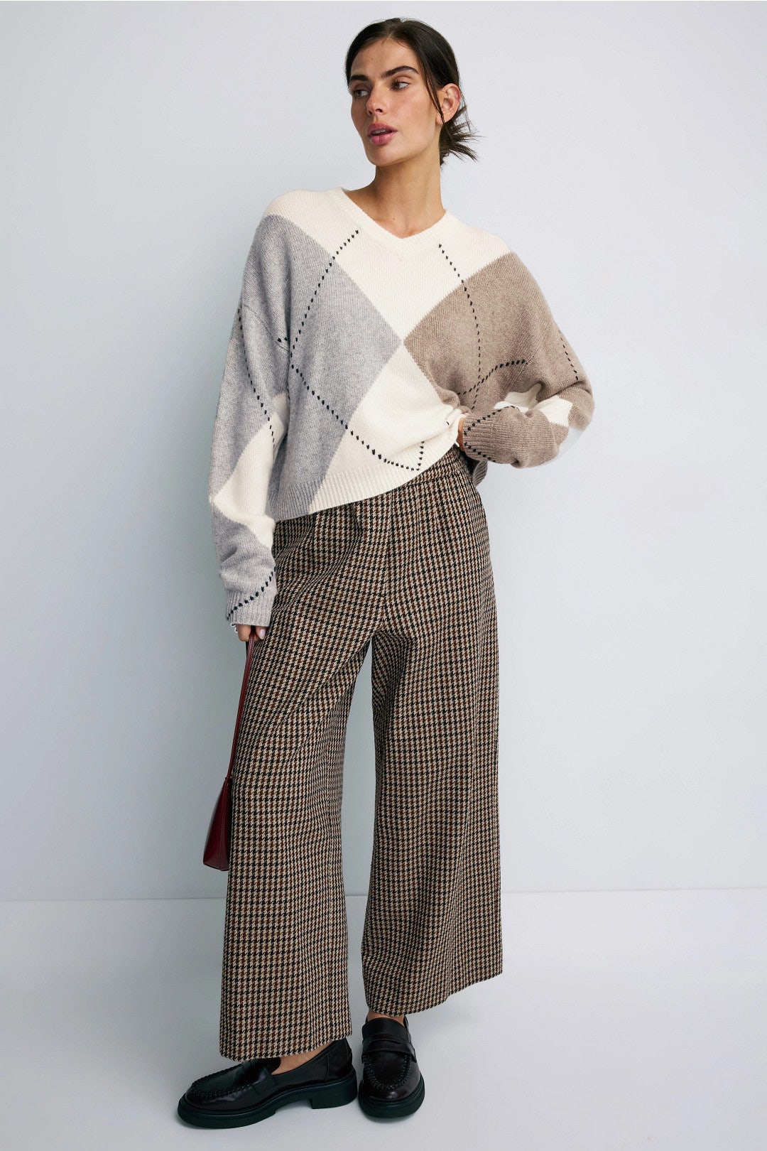 Premium Cashmino Argyle Intarsia V Neck Sweater by NAADAM 3