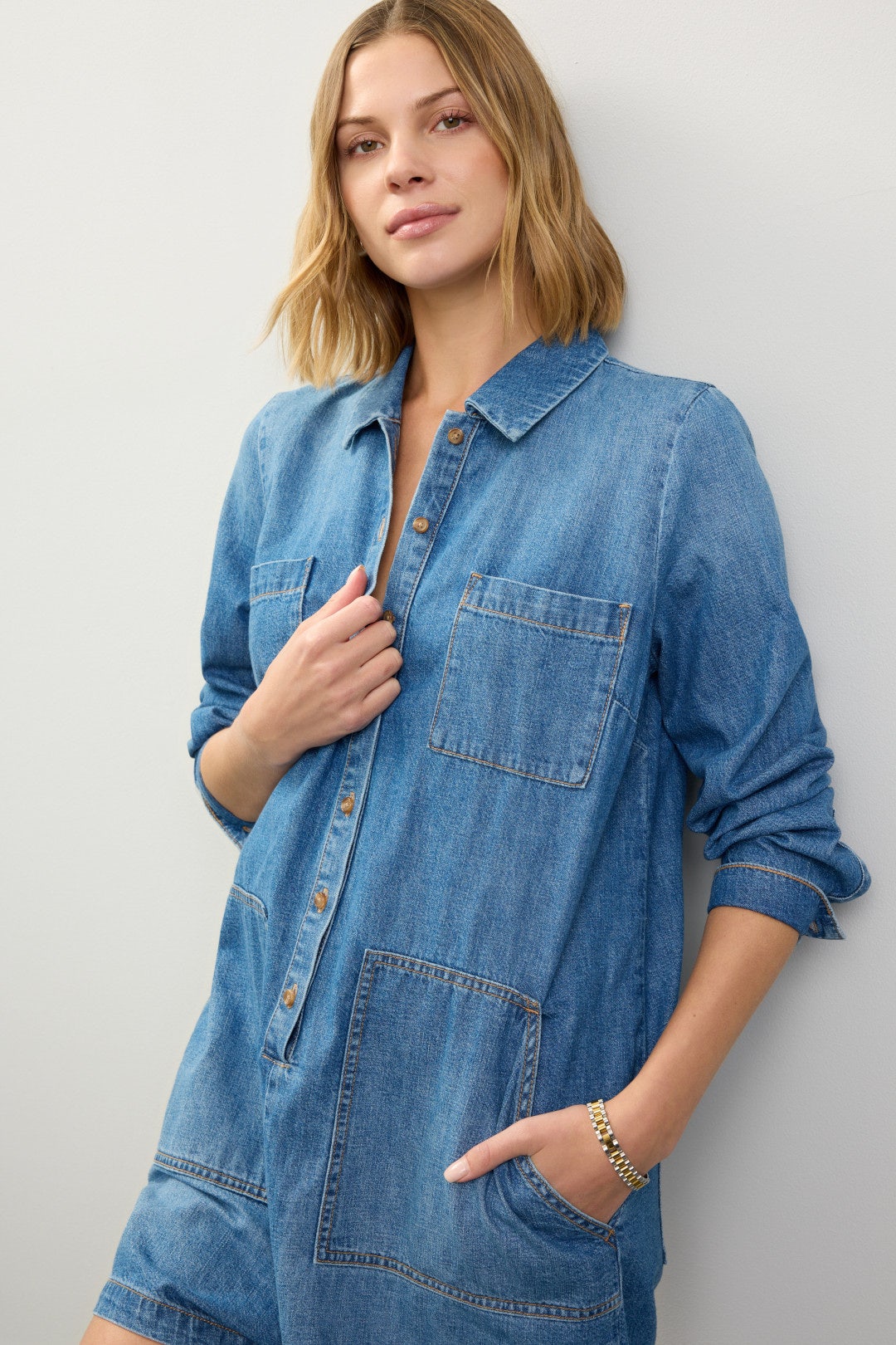 Denim Maternity Utility Romper by HATCH 3