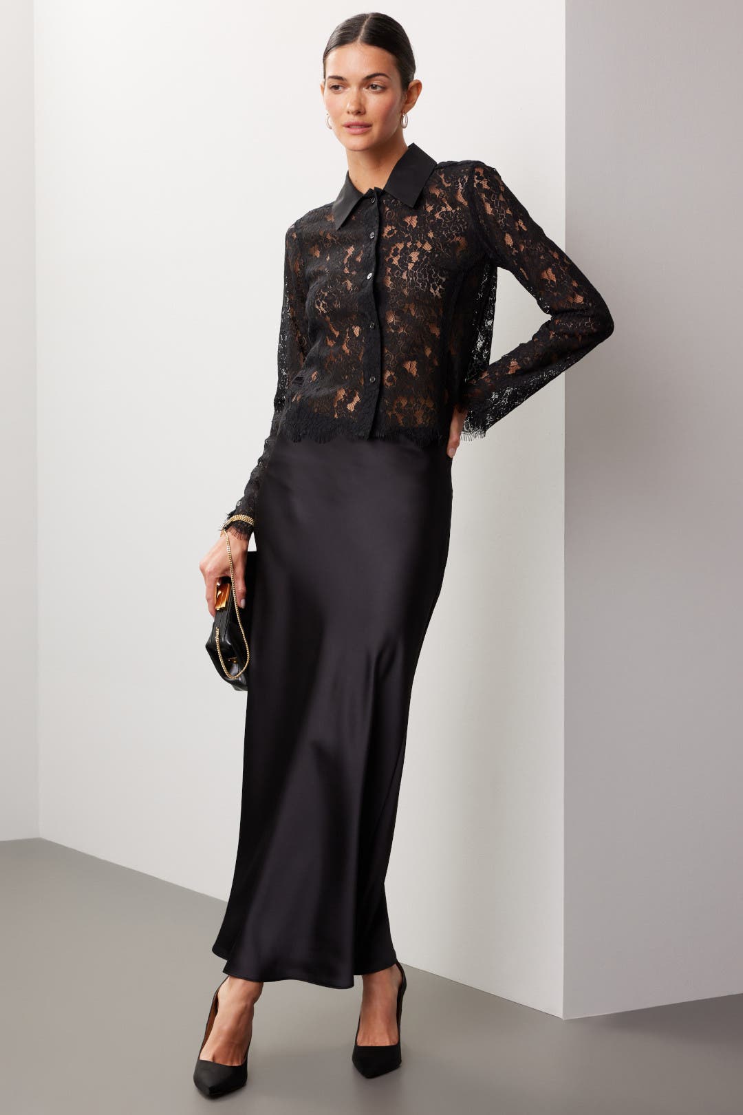 【値下げ】lace blouse Dusky Blue | Notch Neck Lace Trim Blouse | Pure Collection