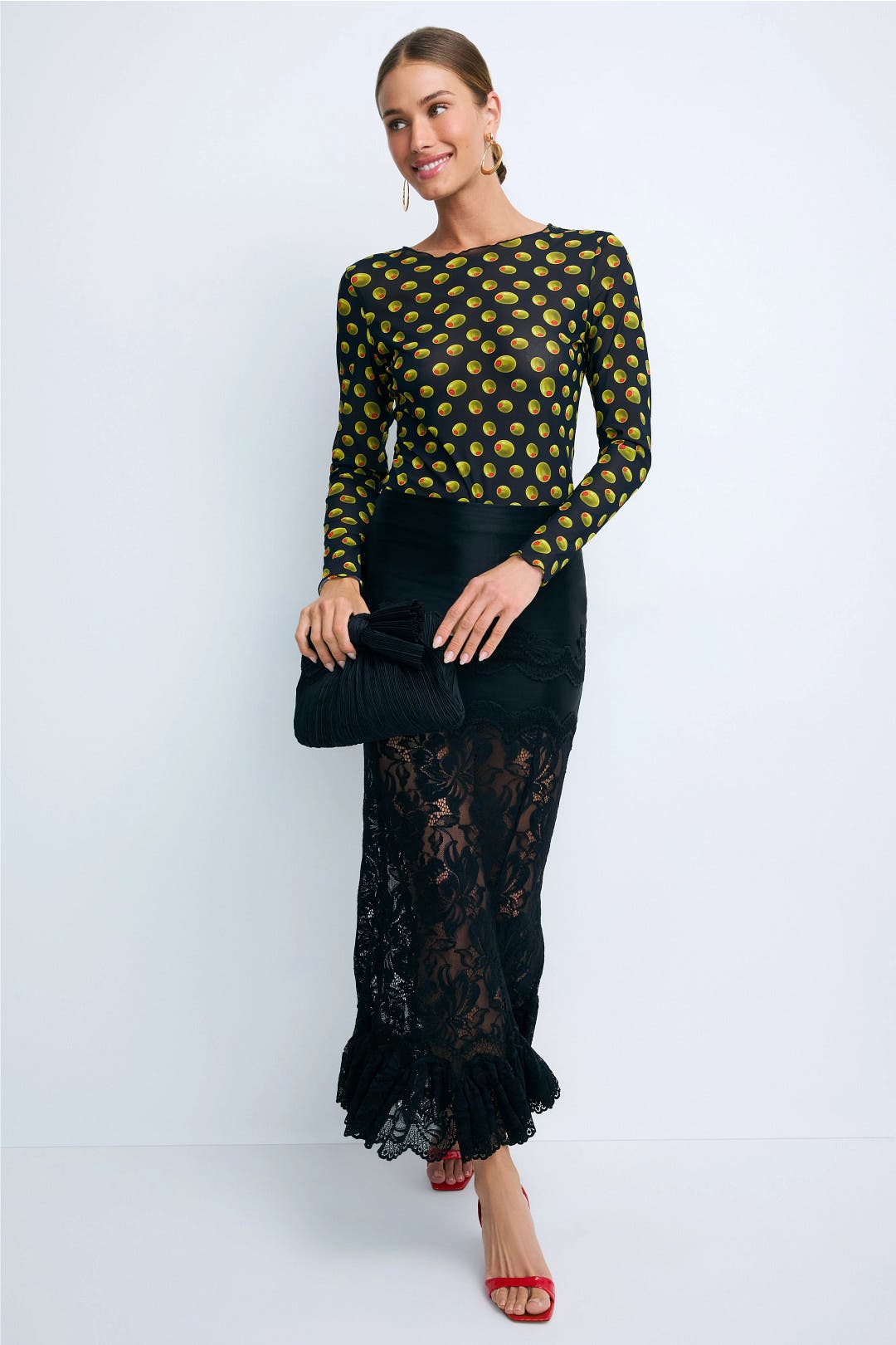 Mesh Long Sleeve Olive Printed Top by Terez | Rent the Runway