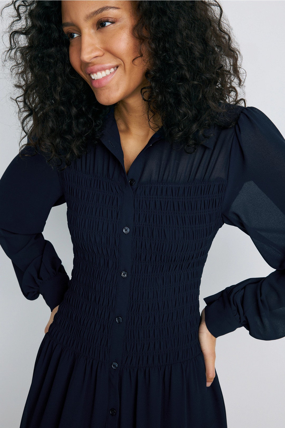 Navy Smocked Button Down Shirt Dress by MICHAEL KORS 3