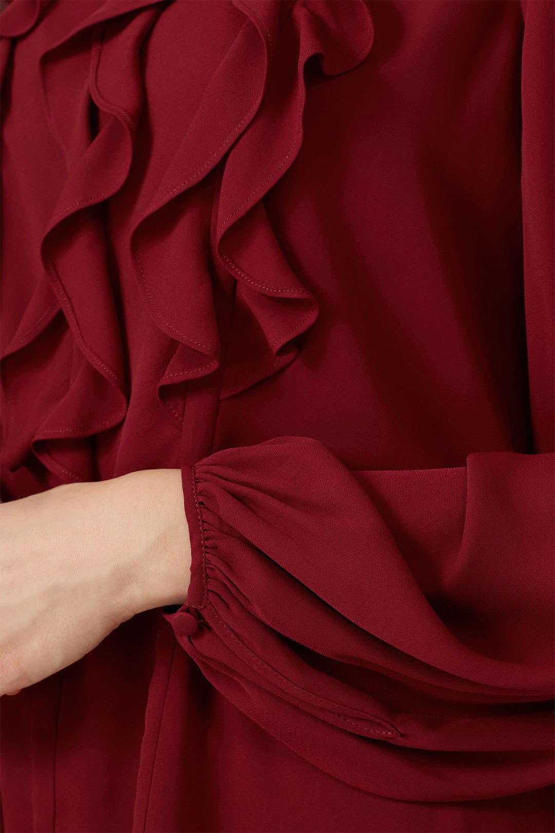 red ruffle front blouse