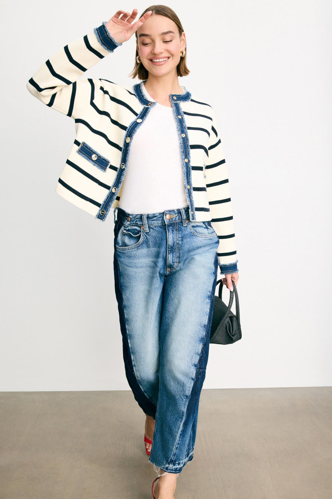 Stripey Cardigan With Denim Details by Sandro | Rent the Runway