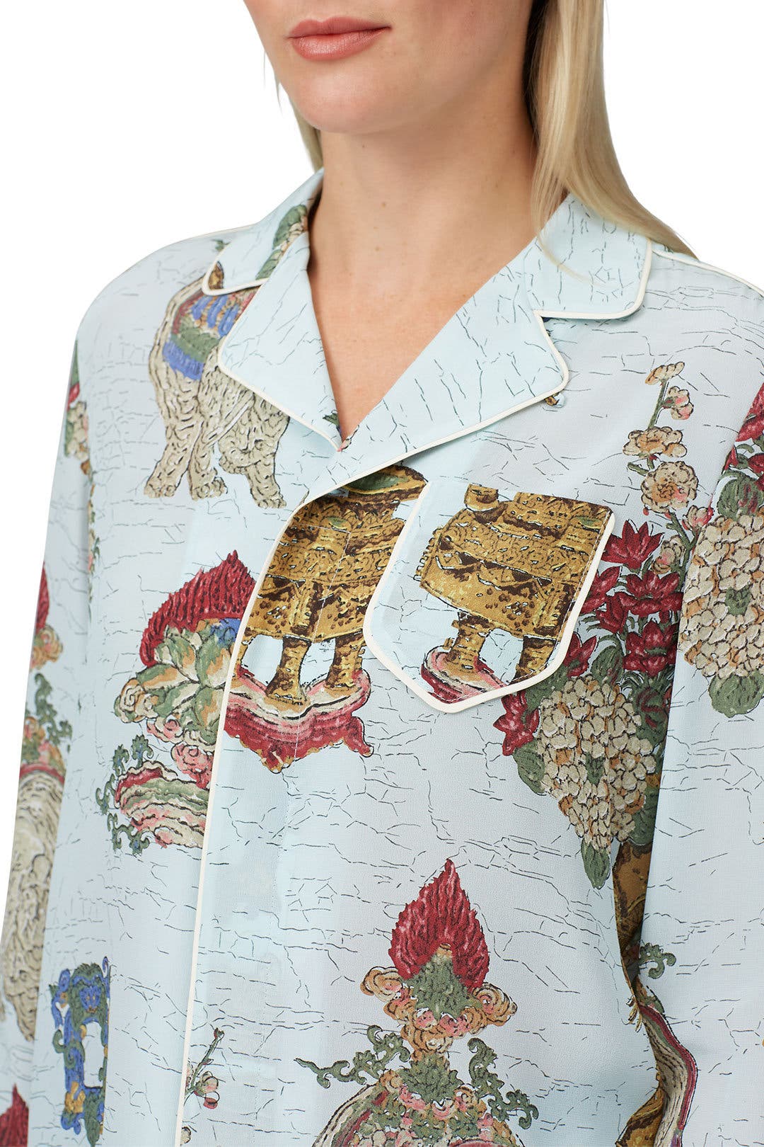 RED VALENTINO - 専用　Red VALENTINO 襟元デザイン シルクシャツ　38未使用 Blue Printed Silk Shirt by RED Valentino | Rent the Runway