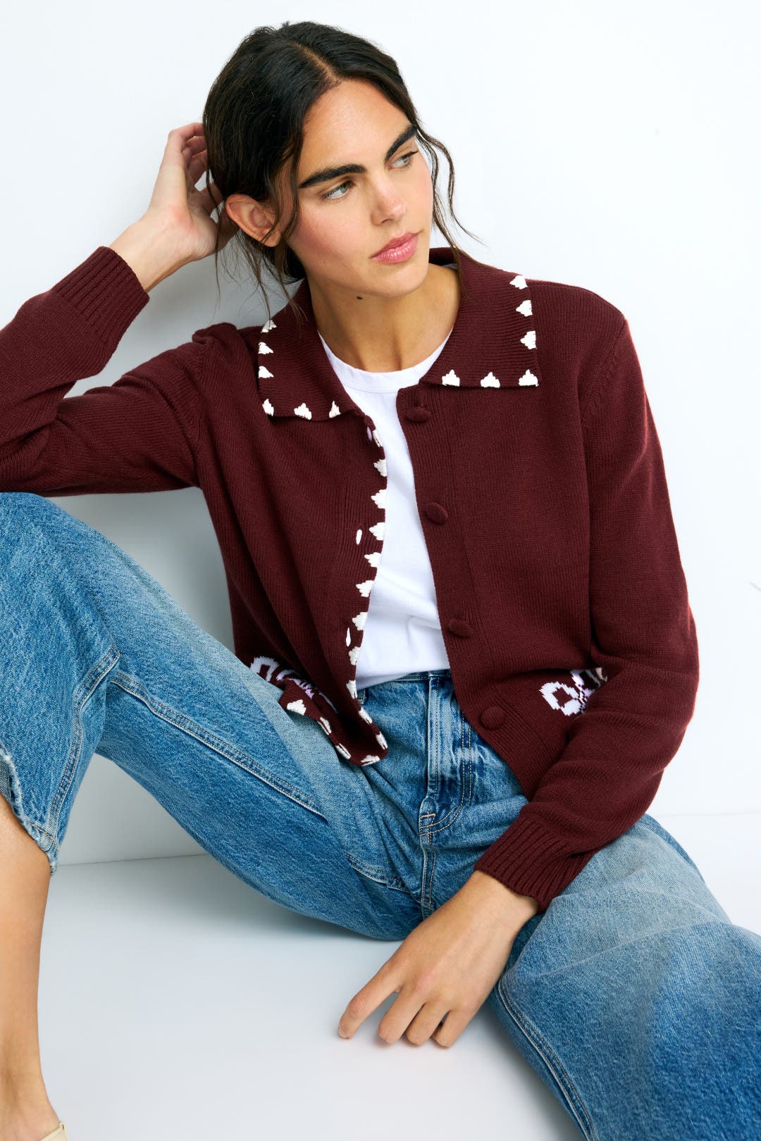 Ribbon Jacquard Collared Cardigan by CeCe | Rent the Runway