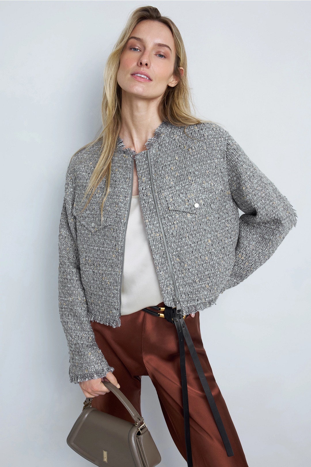 Collarless Tweed Cropped Jacket by BOSS 3