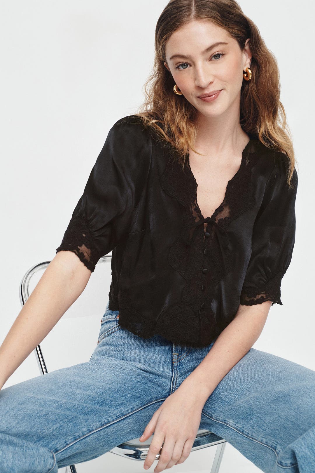 Tie Front Lace Detail Top by Rixo x RTR | Rent the Runway