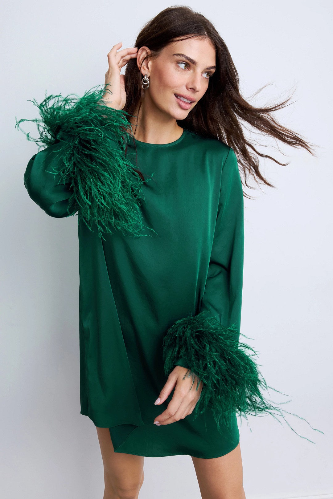 Lightweight Satin Shift Dress With Feathers by LAPOINTE 3