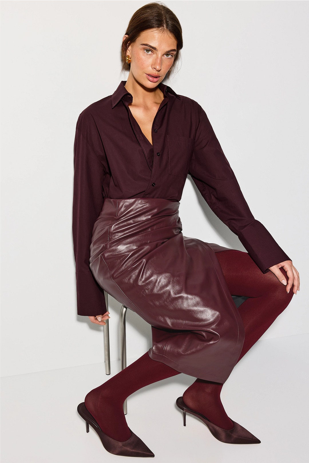 Burgundy Faux Leather Midi Skirt by Jason Wu x RTR 3