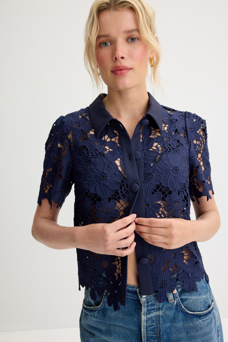 Navy Addison Roja Lace Top by Milly - Photo 3