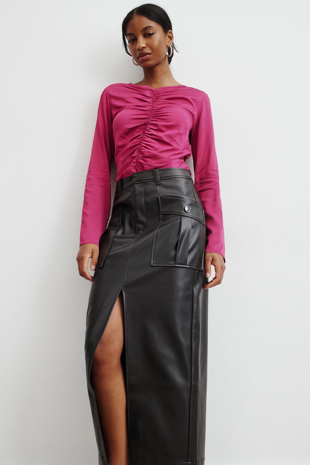 Faux Leather Midi Column Skirt by Toccin 3