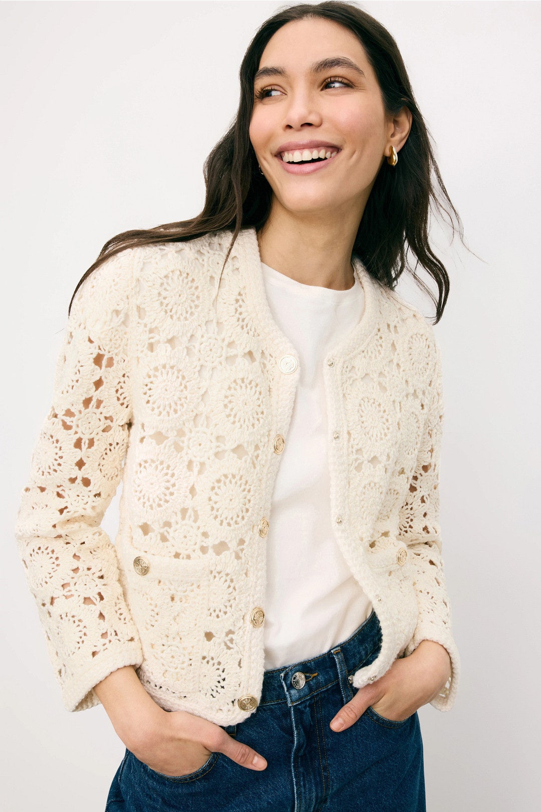 White Crochet Bomber Jacket by Maje 3