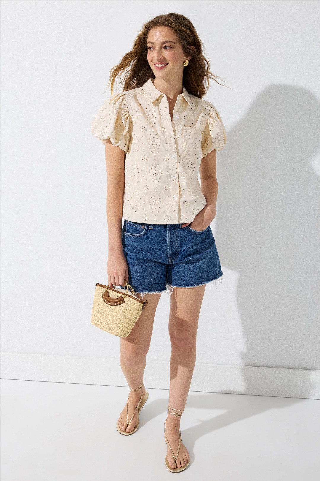 Bubble Sleeve Button Down Collared Shirt by CeCe 3