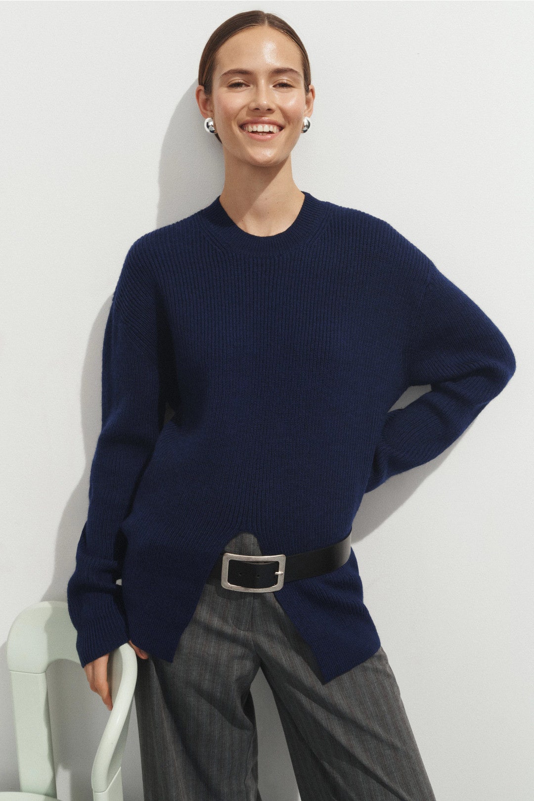 Navy Split Front Crewneck Sweater by Tibi 3