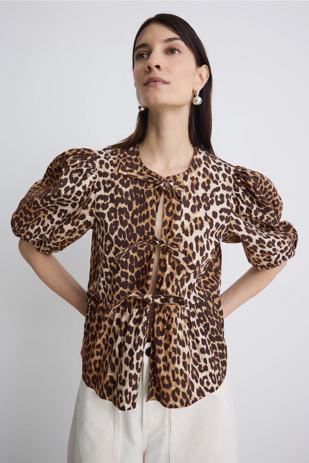Printed Cotton Poplin Peplum Blouse by GANNI 3