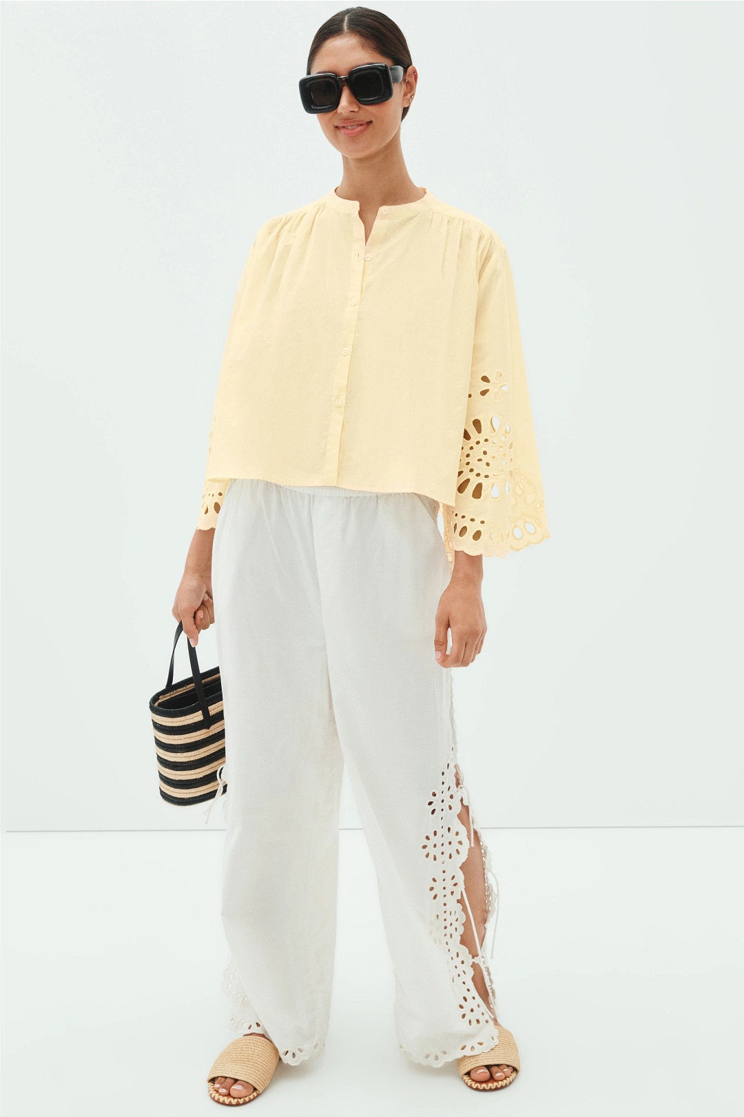 Button Front Laser Cut Blouse by Dress To 3