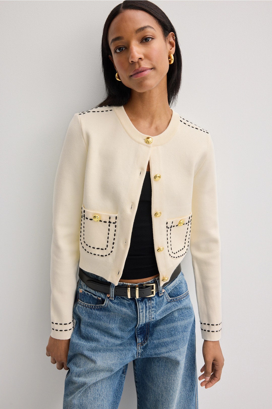 Stitch Detail Puff Sleeve Cardigan by English Factory 3