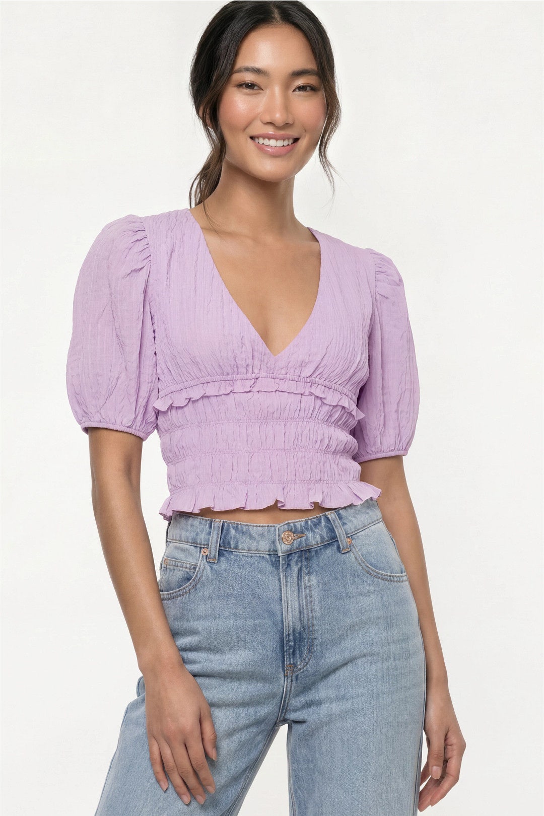 Purple Puff Sleeve Smocked Top by Louna 3