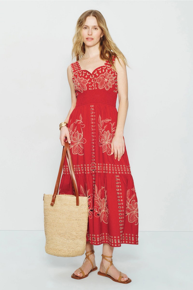 venus embroidered maxi dress Embroidered Fringe Long Dress - Tan main image 0