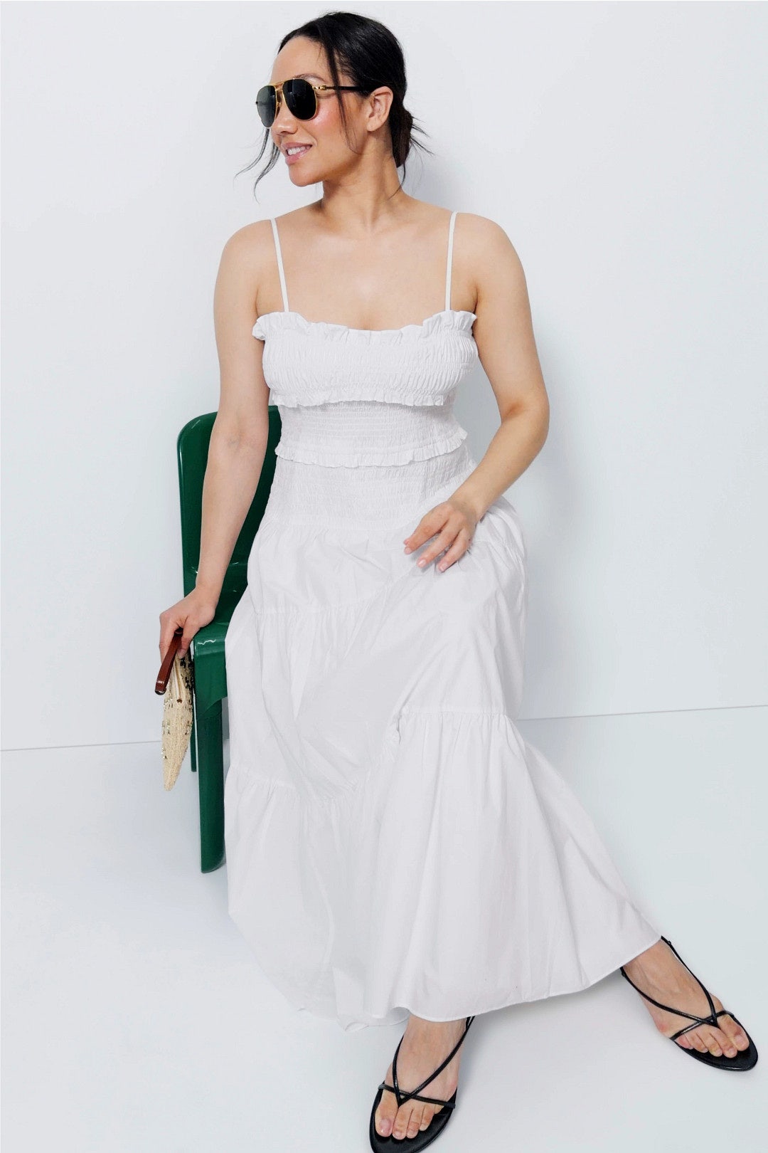 Michael Kors Smocked Cotton Poplin Maxi Dress - White Michael Kors Smocked Cotton Poplin Maxi Dress - White