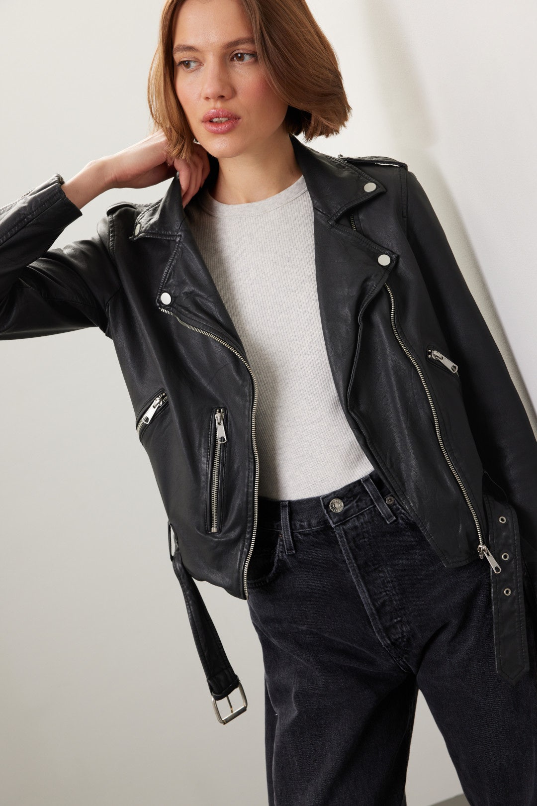 Black Leather Moto Jacket by Slate & Willow 0