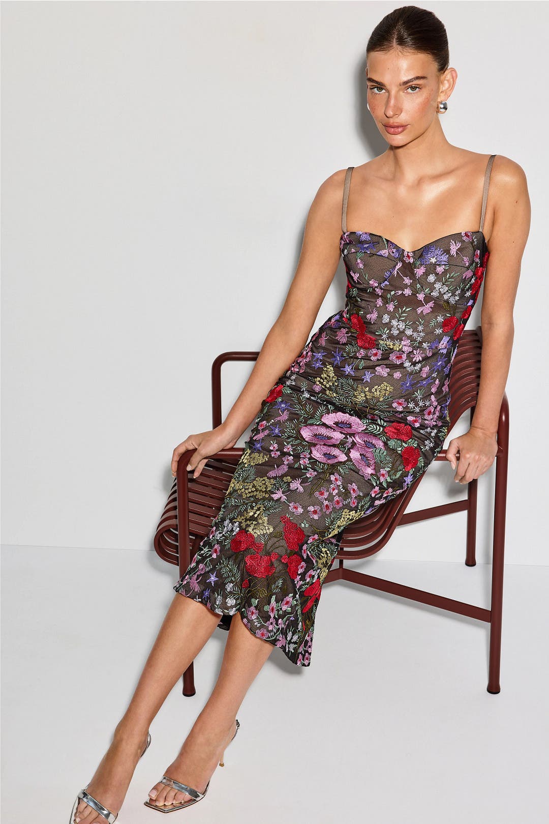 ワンピース Triacetate Floral Embroidery Dress chz25452md_ivory_fuchsia_flora