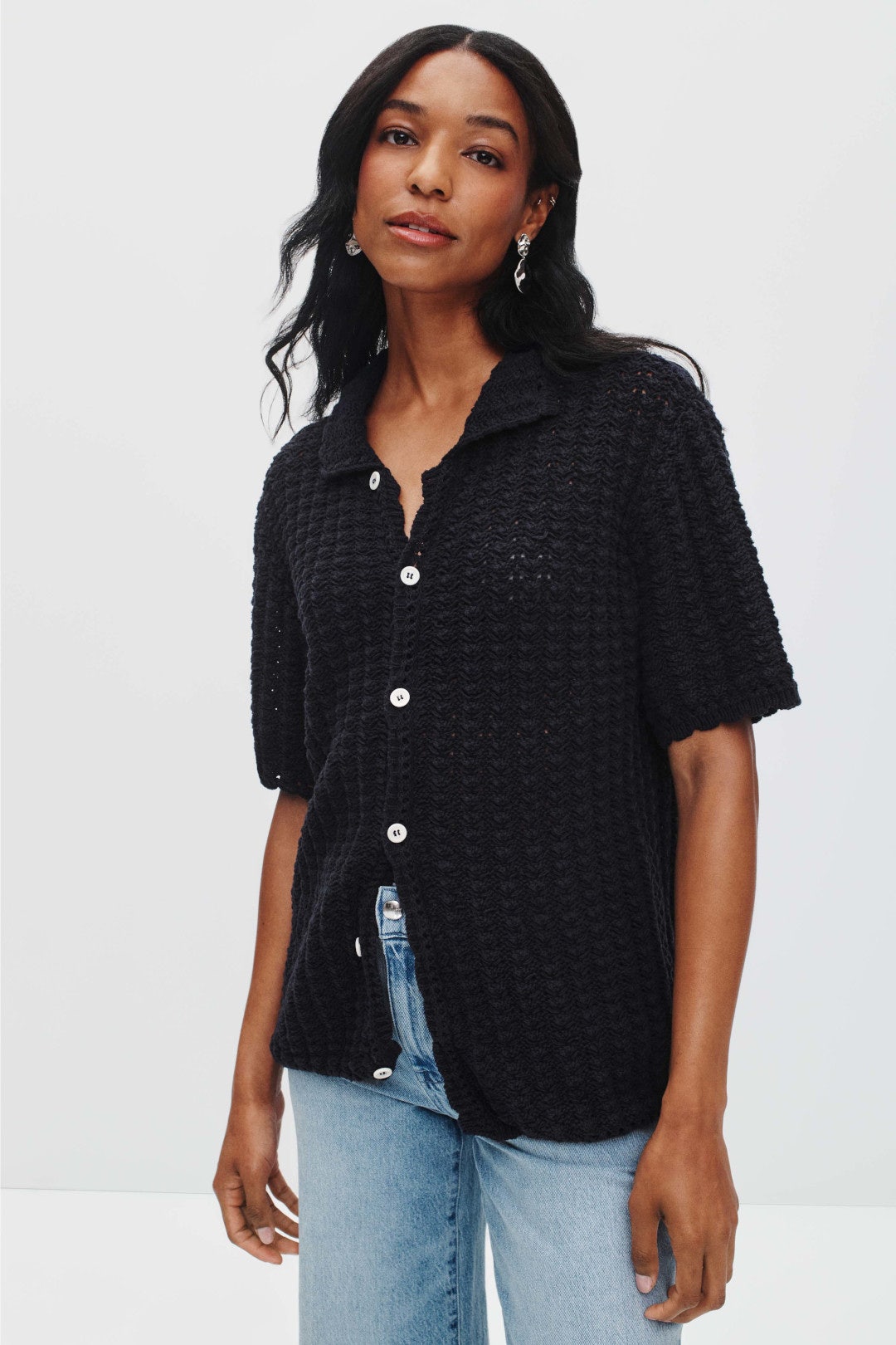Navy Crochet Collared Cardigan by DUNST 0