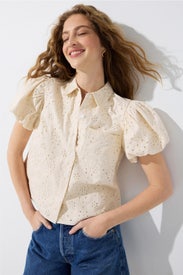 Bubble Sleeve Button Down Collared Shirt by CeCe