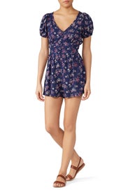 Navy Floral Puff Sleeve Romper by Louna